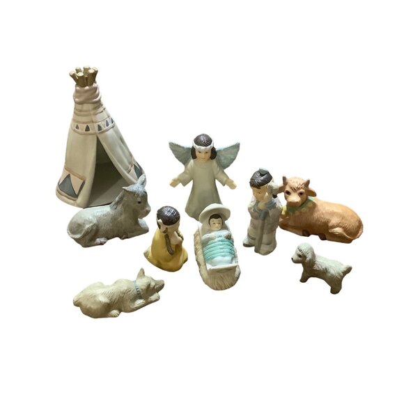 Vtg House Of Lloyd 1992 Native American Nativity Set 9 Piece Christmas Figurines